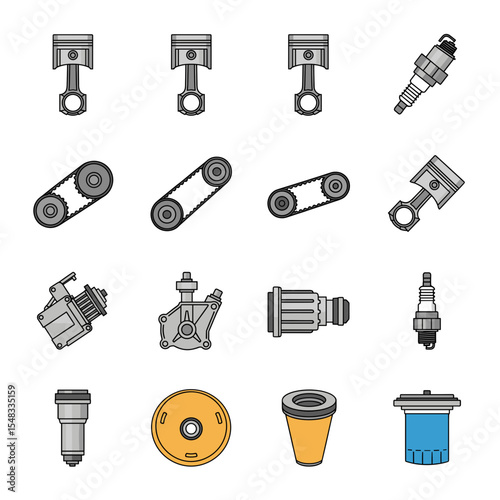 Automotive Engine Parts Icons Pistons, Belts, Spark Plugs, and More
