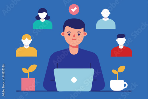 Man working remotely on laptop with team icons