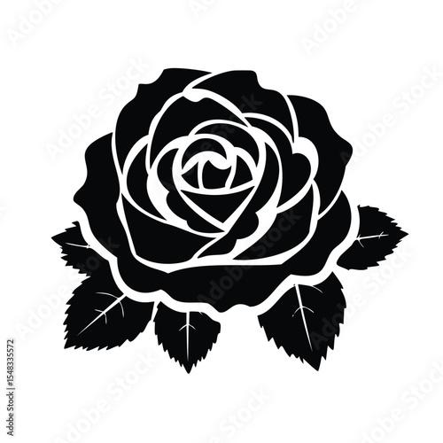 Elegant black silhouette rose flower botanical illustration