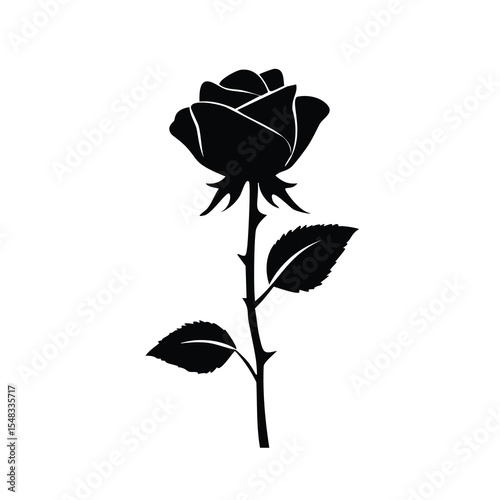 Single black silhouette rose flower stem leaves