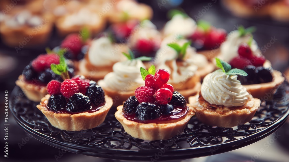 Appetizing tartlets served on a display stand as part of buffet offerings, close view Appetizing tartlets served on a display stand as part of buffet offerings, close view