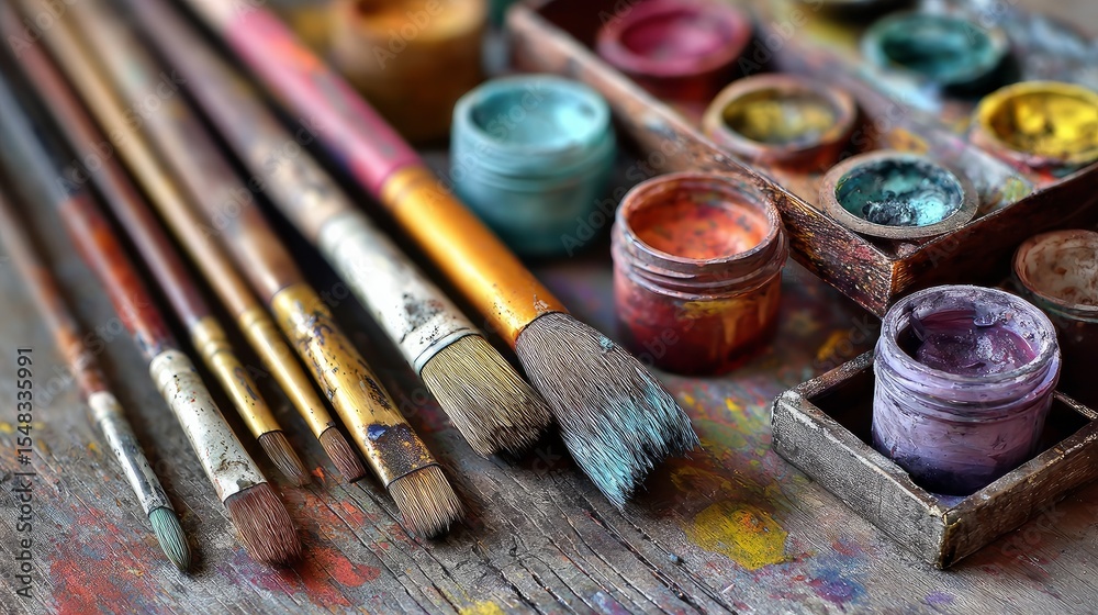 Obraz premium Artistic supplies including brushes and color paints placed on tabletop