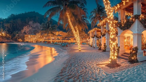 Relaxing evening on a sandy beach with glowing palm trees and festive decorations near the calm ocean