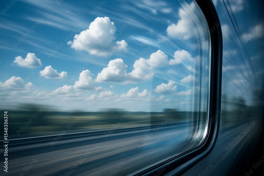 Train window motion blur view of a blue sky with clouds over a speeding landscape, capturing the essence of travel Train window motion blur view of a blue sky with clouds over a speeding landscape, capturing the essence of travel
