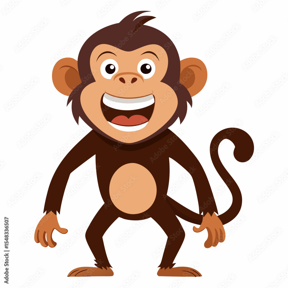 Obraz premium Cute cartoon chimpanzee monkey standing . Playful jungle animal with big eyes and smile. Perfect for kids books, educational materials or tropical themed designs.Front view. Vector illustration
