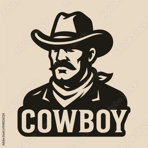 Retro cowboy vector portrait with hat and mustache.