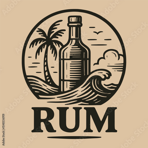 Tropical rum label with bottle and waves vector.