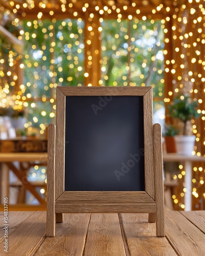 Elegant Chalkboard Sign on Wooden Backdrop With String Lights Creating a Warm Atmosphere