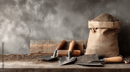 Construction materials including cement bag and trowels laid out on textured table