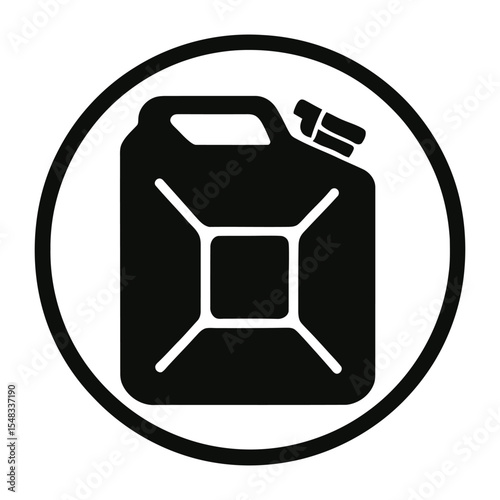 Black fuel jerrycan icon with circle outline vector.