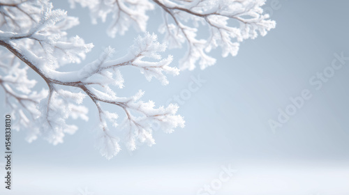 Frosty branches glisten under gentle light creating a tranquil winter scene. Soft grey background enhances the serene beauty making it suitable for nature, seasonal decor, and design concepts