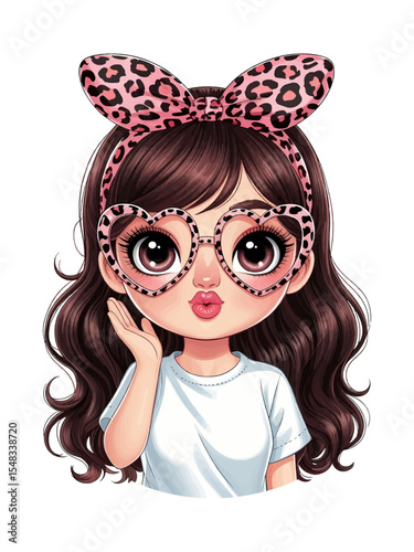 Illustration of an Adorable Girl with Heart-Shaped Glasses and Leopard Print Bow