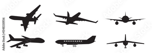 Airplane Icon Collection: Outline and Solid Styles, A set of 12 airplane icons in outline, solid, and decorative styles, ideal for travel, aviation, transportation, and logistics design projects.