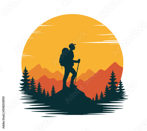 Silhouette of a Hiker at Sunset on a Mountain Peak: An Adventure in Nature and Exploration.