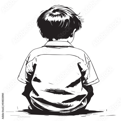 A young boy sits alone with his back to the viewer isolated on white