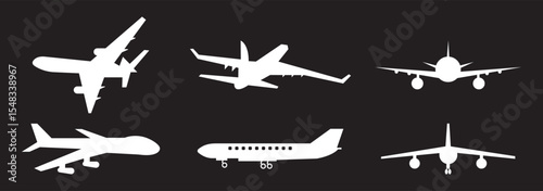 Airplane Icon Collection: Outline and Solid Styles, A set of 12 airplane icons in outline, solid, and decorative styles, ideal for travel, aviation, transportation, and logistics design projects.