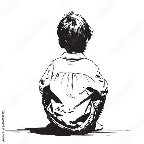 Young boy sits alone with his back to the viewer isolated on white