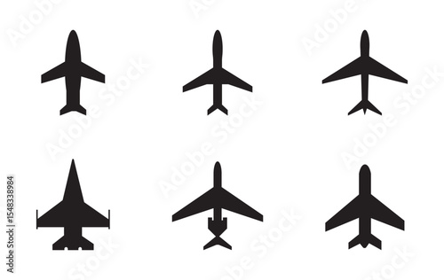 Airplane Icon Collection: Outline and Solid Styles, A set of 12 airplane icons in outline, solid, and decorative styles, ideal for travel, aviation, transportation, and logistics design projects.