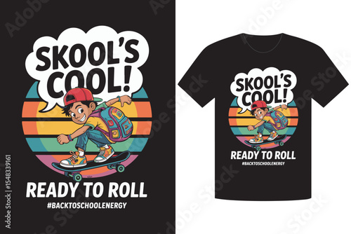 Back to School TShirt Design Boy on Skateboard with Retro Sunset Background