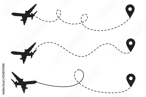 Airplane line path vector icon of air plane flight route with start point and dash dotted line trace. Love travel route. Airplane routes. Travel vector icon.
