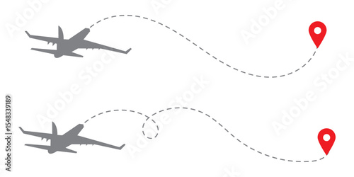 Airplane line path vector icon of air plane flight route with start point and dash dotted line trace. Love travel route. Airplane routes. Travel vector icon.