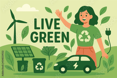 A cheerful woman in a green recycle shirt waves, surrounded by leaves, a wind turbine, solar panel, recycle bin, and an electric car. The text "LIVE GREEN" stands out on a light green background with 