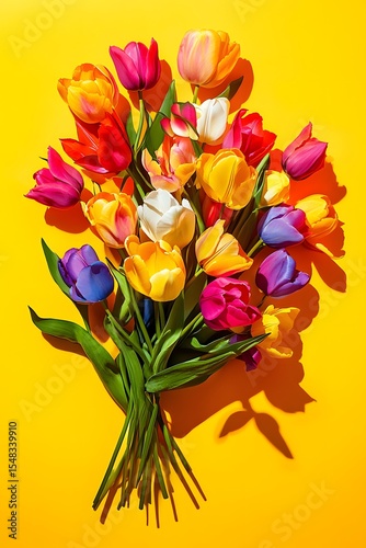 Vibrant bouquet of colorful tulips against a sunny yellow background.