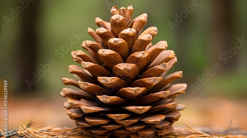 Close-up of a large, brown pine cone on the forest floor.