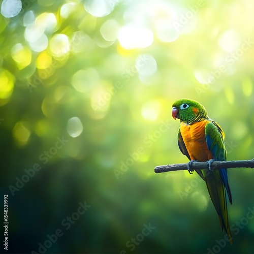 Colorful parrot perched on a branch in a vibrant, sunlit forest.