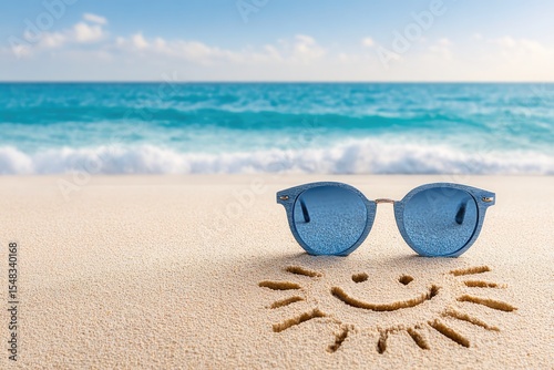 Fototapeta Naklejka Na Ścianę i Meble -  Summer beach vacation concept with blue sunglasses