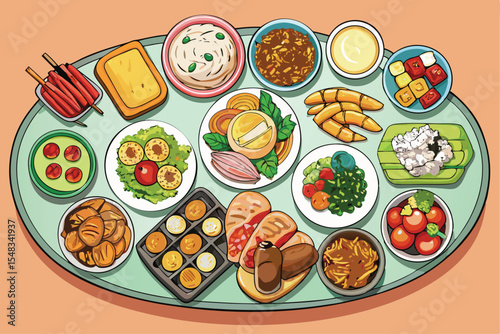 various plates of food isolated on a white background, top view.