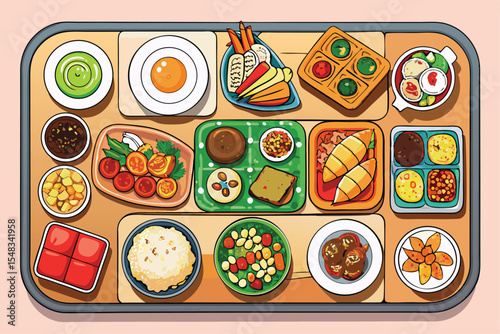 various plates of food isolated on a white background, top view.