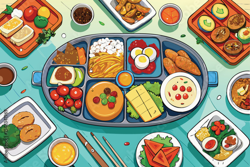 various plates of food isolated on a white background, top view.