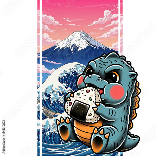 Baby Godzilla with Japanese wave and Mt Fuji 