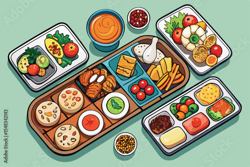 various plates of food isolated on a white background, top view.