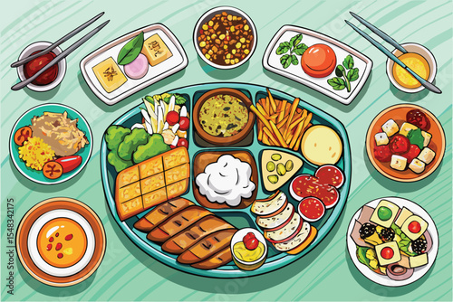 various plates of food isolated on a white background, top view.