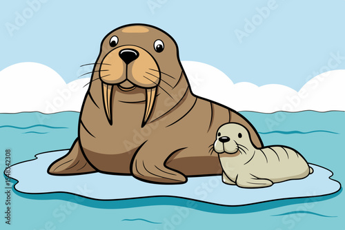 A walrus with pup lying on ice floe looking into the distance