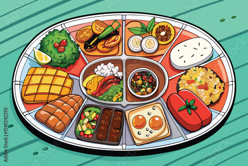 various plates of food isolated on a white background, top view.