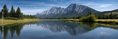 Calm lake reflecting mountain range on a summer day, serene panoramic landscape