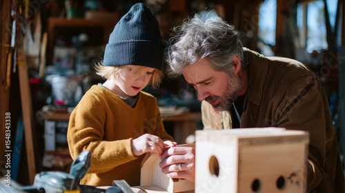Grandparent and child bonding while building a birdhouse in a cozy workshop during sunny afternoon