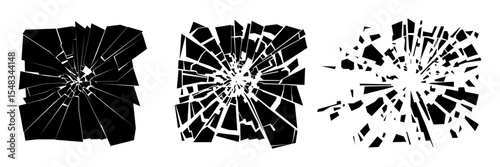 Three unique broken glass textures showcase a range of jagged edges and fragmented shapes against a white background, creating an intriguing visual effect.