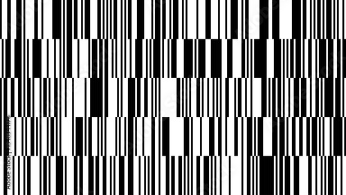 This visual display features a striking barcode pattern made up of varying black and white lines. Each section of the barcode contributes to a complex design that emphasizes uniformity and contrast.