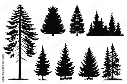 Black pine tree illustrations – natural forest and Christmas tree vector set