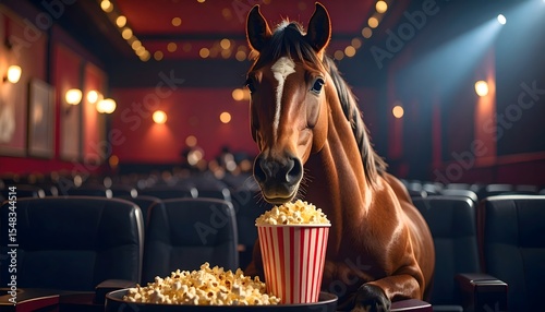 A surprising and realistic 3D character of a brown horse intently watching a movie in a dimly lit theater with red and black seats, positioned next to a large, striped bucket of popcorn and scattered 