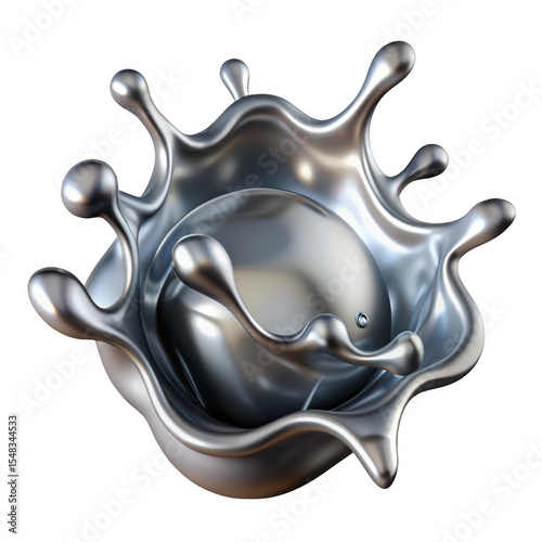 Metallic silver liquid splash with sphere isolated on transparent background