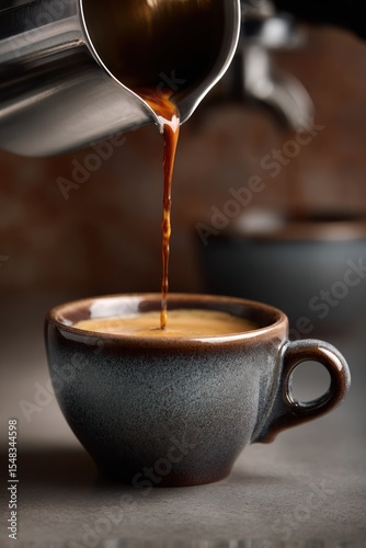 Close-Up View of Freshly Brewed Coffee Being Poured From a Stainless Steel Pot into a Rustic Ceramic Cup on a Minimalistic Surface