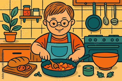 A cheerful boy with Down syndrome in an apron cooks in a cozy kitchen, stirring a pan of food. A bread loaf, tomatoes, and herbs are on the counter. 
