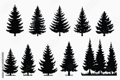 Black pine tree illustrations – natural forest and Christmas tree vector set
