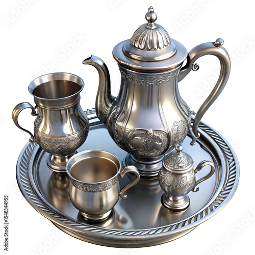 Ornate silver tea set on tray isolated on transparent background