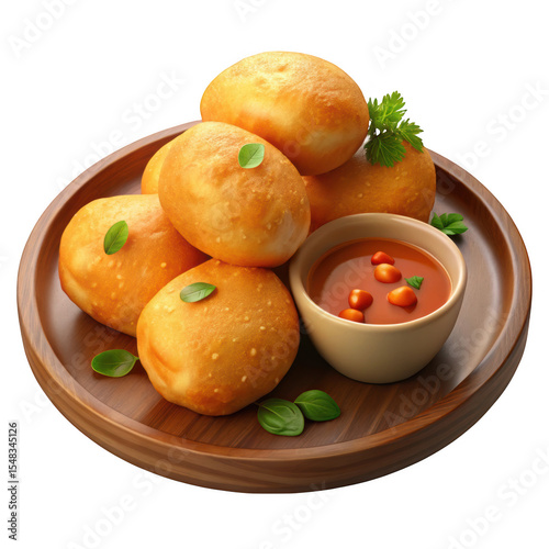 Golden fried dough balls with spicy sauce isolated on transparent background